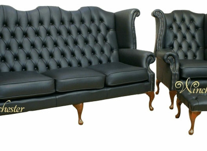 Black Chesterfield Leather Sofa Couch Upholstery Suite 3+1 Seater Wing Chair